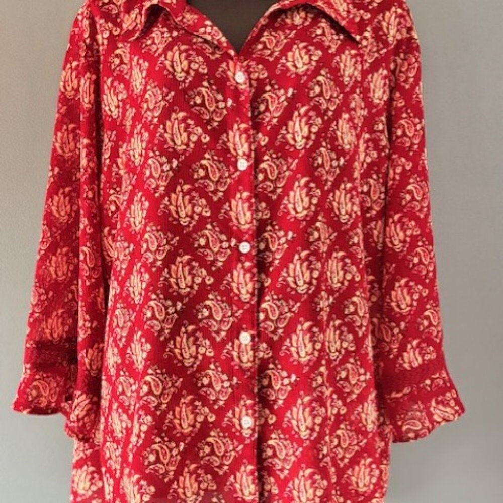 Liz Claiborne Woman 18W Red Floral Paisley 3/4 Sleeve Lace Tunic Blouse Modern